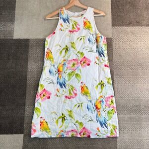 Tommy Bahama Parrot Floral Linen Blend Shift Dress White Sleeveless Womens S